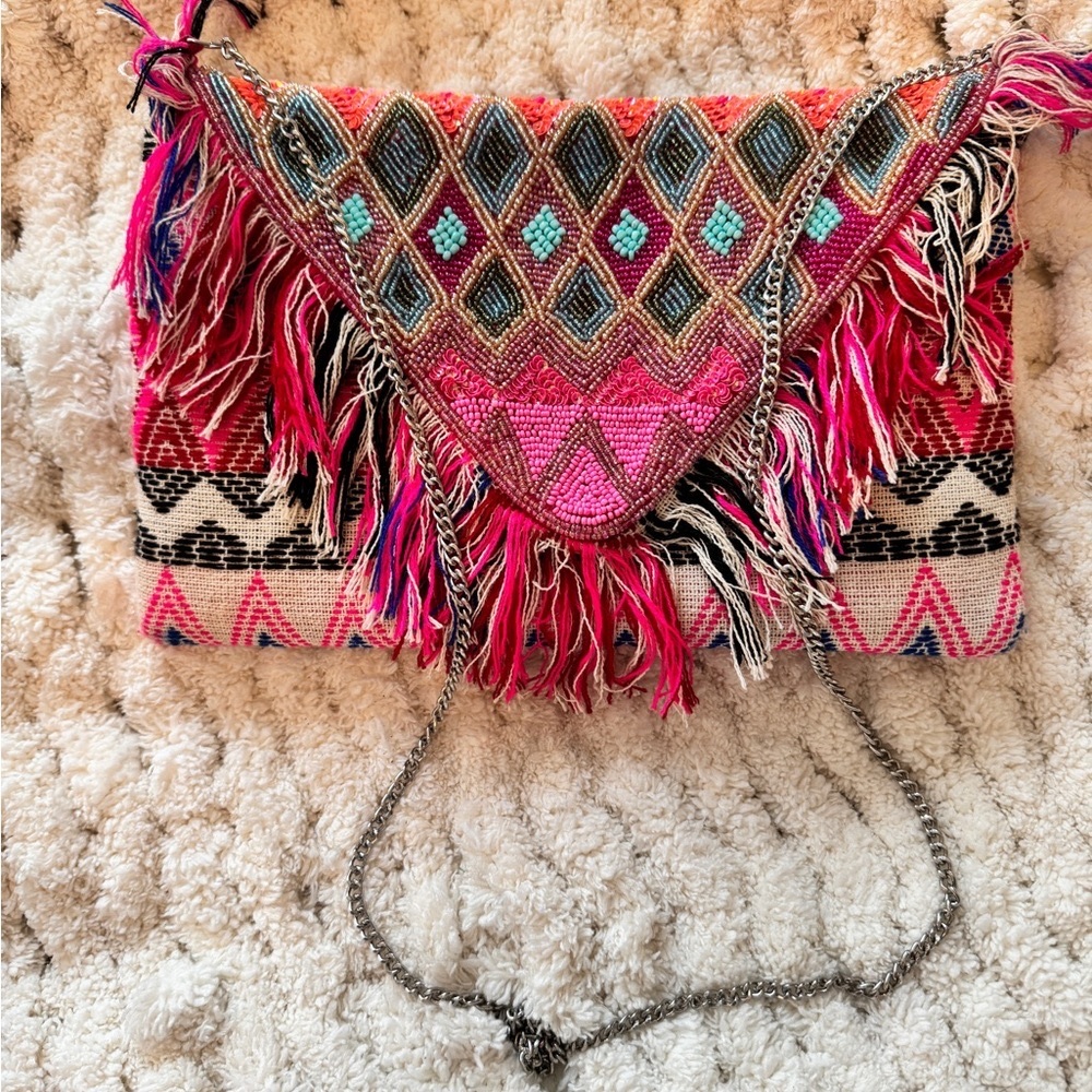 Beaded Red/Pink Crossbody Bag with Chain Strap